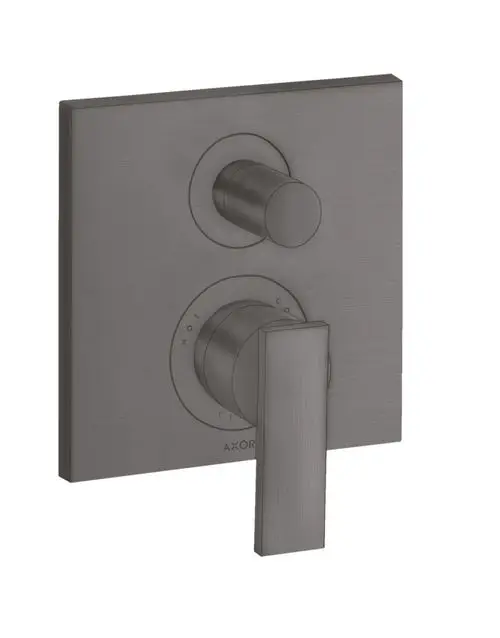Aufputz-Badarmatur von AXOR mit einem runden und einem rechteckigen Griff für Temperatur- und Mengenregulierung in geb brushed black chrome.